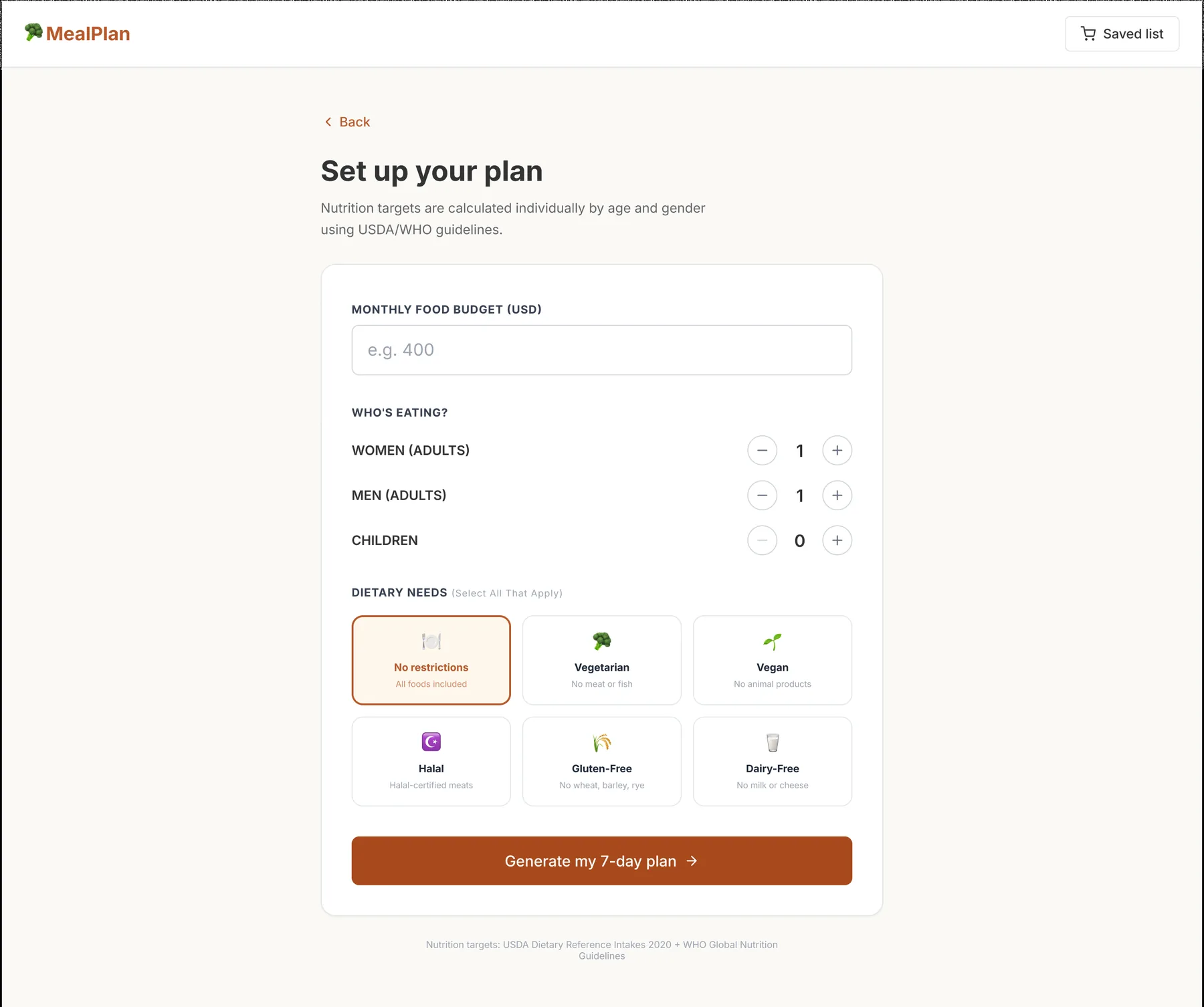 Set up your plan, budget, household, dietary needs