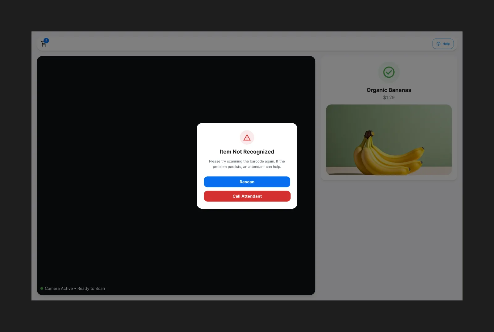 SelfCheckout+ scanning screen, item not recognized error state