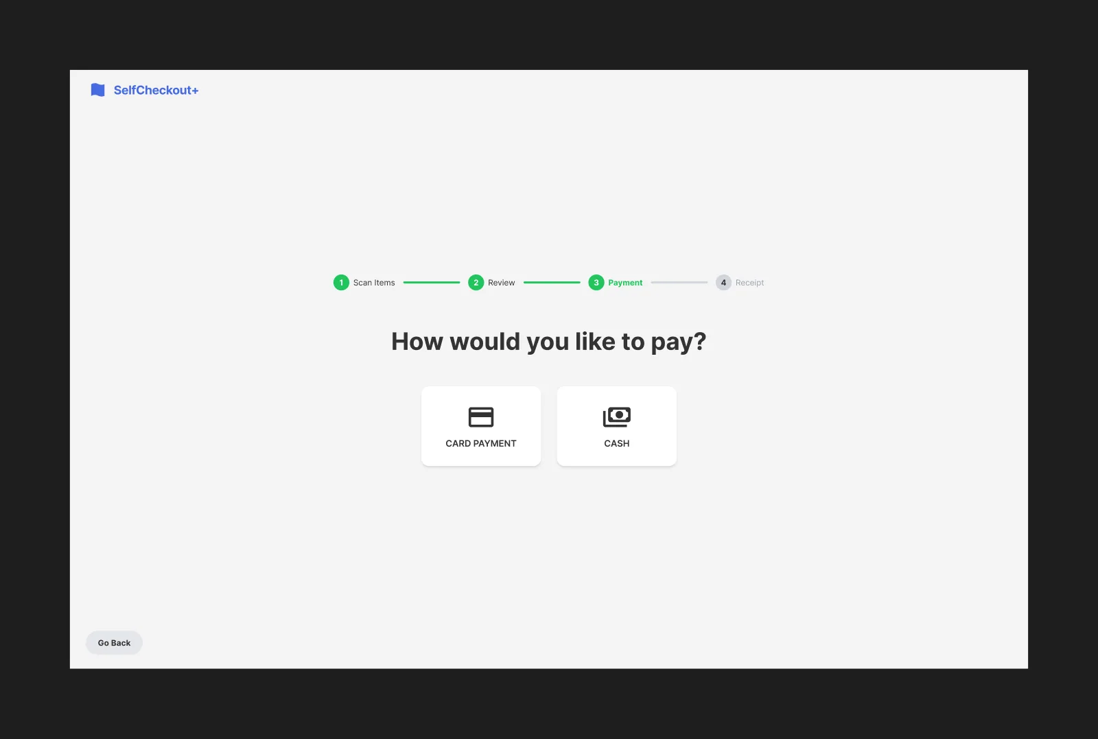 SelfCheckout+ payment method selection